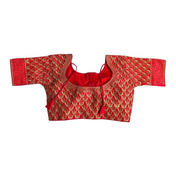 Front and back Embroidered long sleeve saree Blouse - Red - Picture 2 of 2